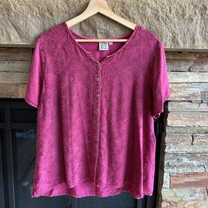 Embroidered Boho Pink Paisley & Sage Artsy Short-sleeve Button down Top XL